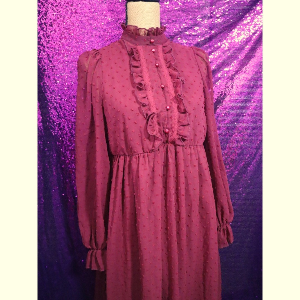 Burgundy Swiss Dot Maxi Dress Small SHEIN Womens Ruffle High Neck Long Sleeve